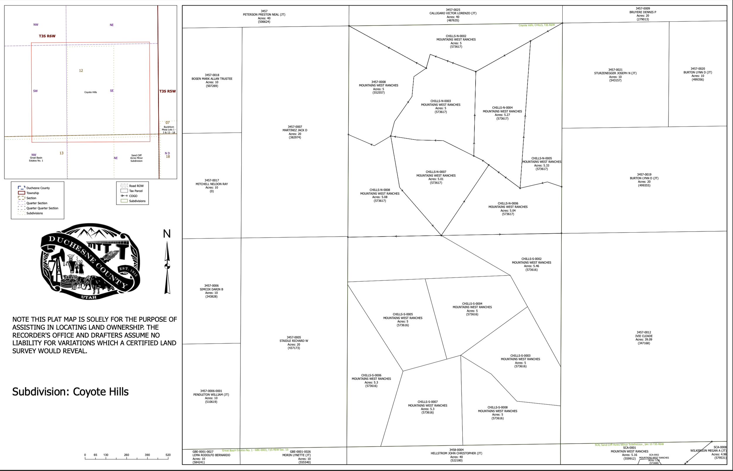 A detailed land survey map of the Coyote Hills subdivision in Duchesne County, Utah, showing property boundaries, lot numbers, and township information, with a legend and a Duchesne County seal.