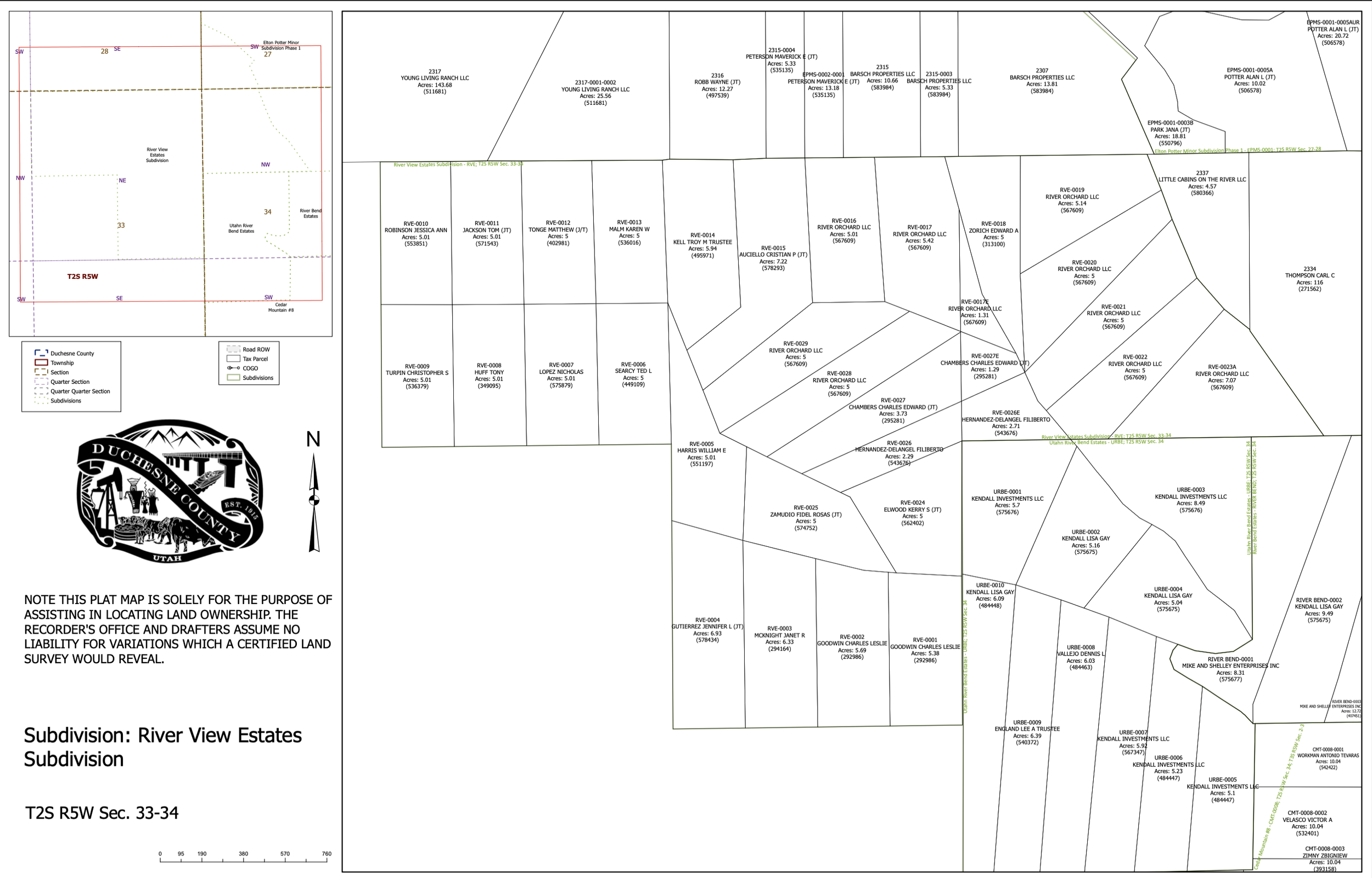 Map of River View Estates subdivision in Duchesne County, Utah, showing lot boundaries, owner names, and acreage details, with a small inset map for location reference.