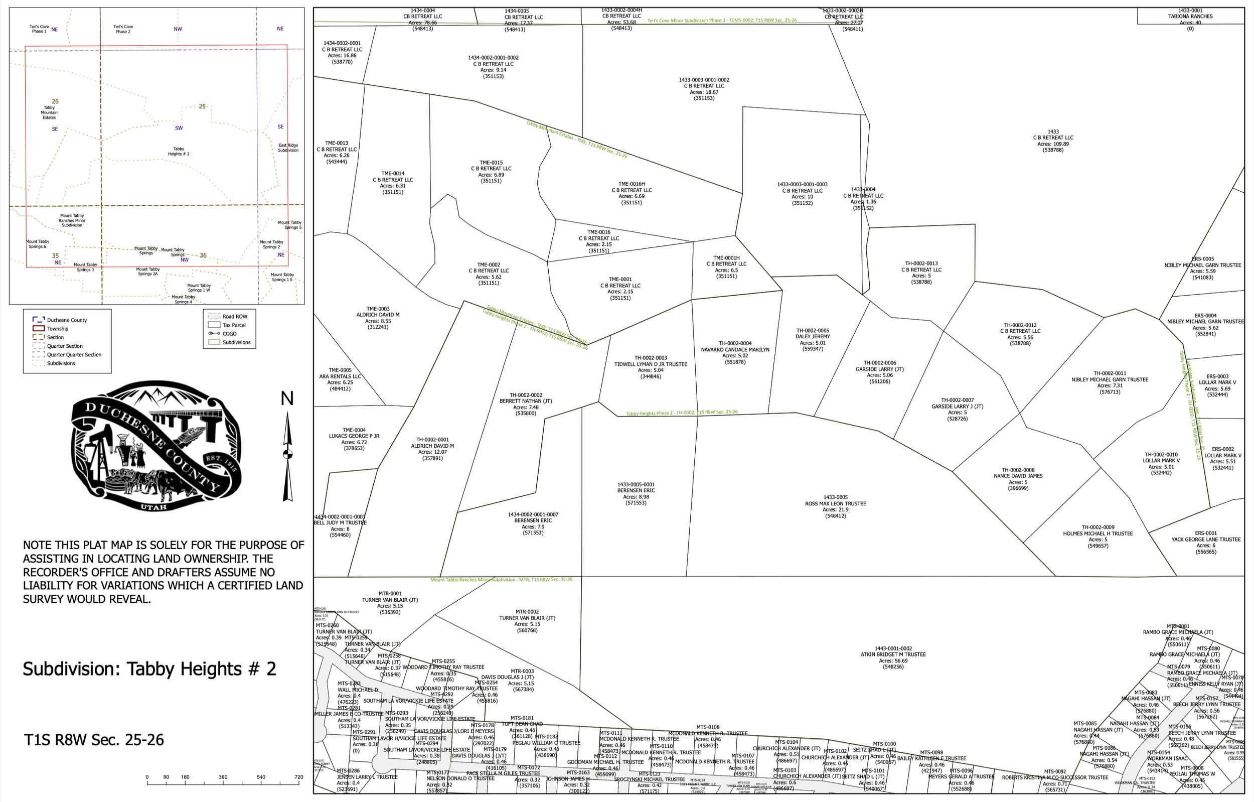 A detailed subdivision plat map of Tabby Heights #2 in Duchesne County, Utah, showing divided land parcels, lot boundaries, and ownership information. It includes a legend, compass rose, and a note about the purpose of the map.