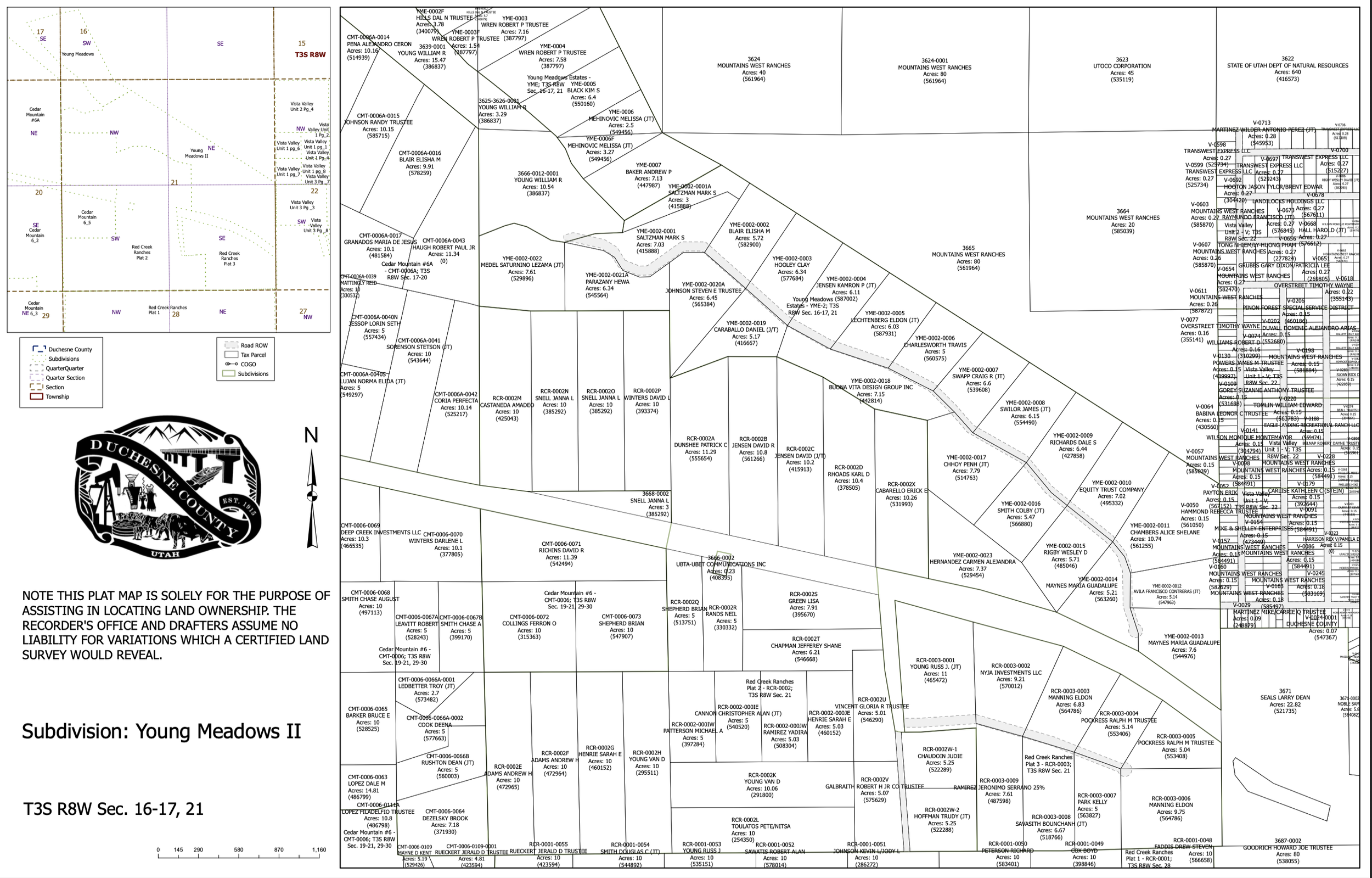 A detailed land subdivision map of Young Meadows II in Duchesne County, Utah, showing individual lot boundaries, plot numbers, ownership details, and geographic features, with a small inset map of the subdivision location within the county.