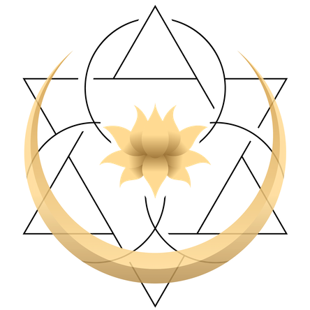 JUSOMA - Julia Sophia Mai - LOGO. Ein goldener liegender Halbmond mit einer goldenen Lotusblüte in der Mitte, umgeben vom schwarzen geometrischen Linien.