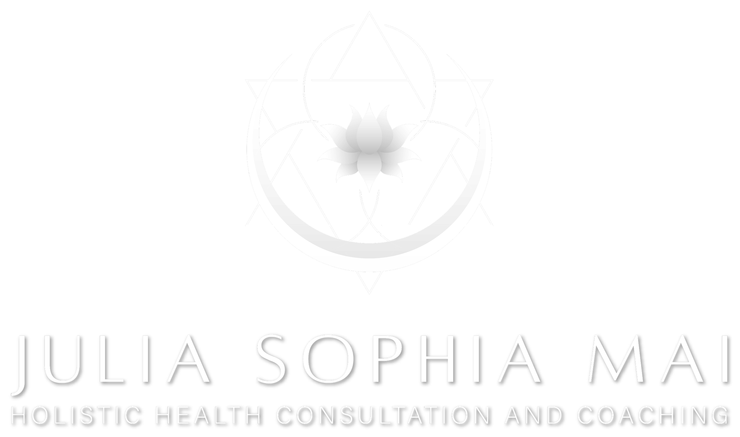 JUSOMA - Julia Sophia Mai - Logo. Ein weißer liegender Halbmond mit einer weißen Lotusblüte in der Mitte, umgeben vom weißen geometrischen Linien und dem Text 'Julia Sophia Mai' und 'Holistic Health Consultation and Coaching'.