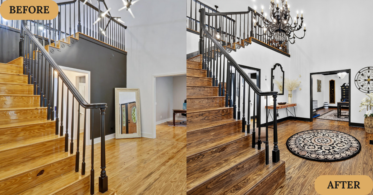Comparison of a staircase before and after renovation, showing a transition from plain wood steps and dark gray walls to stained wood steps, black railing, white walls, chandelier, and decorative accents.
