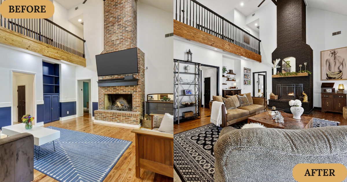Comparison of living room before and after renovation. Before features a brick fireplace with a mounted TV, white walls with blue accents, and a blue striped rug. After shows a more modern, decorated space with a black fireplace, white walls, a patterned black and white rug, and stylish furniture and decor.