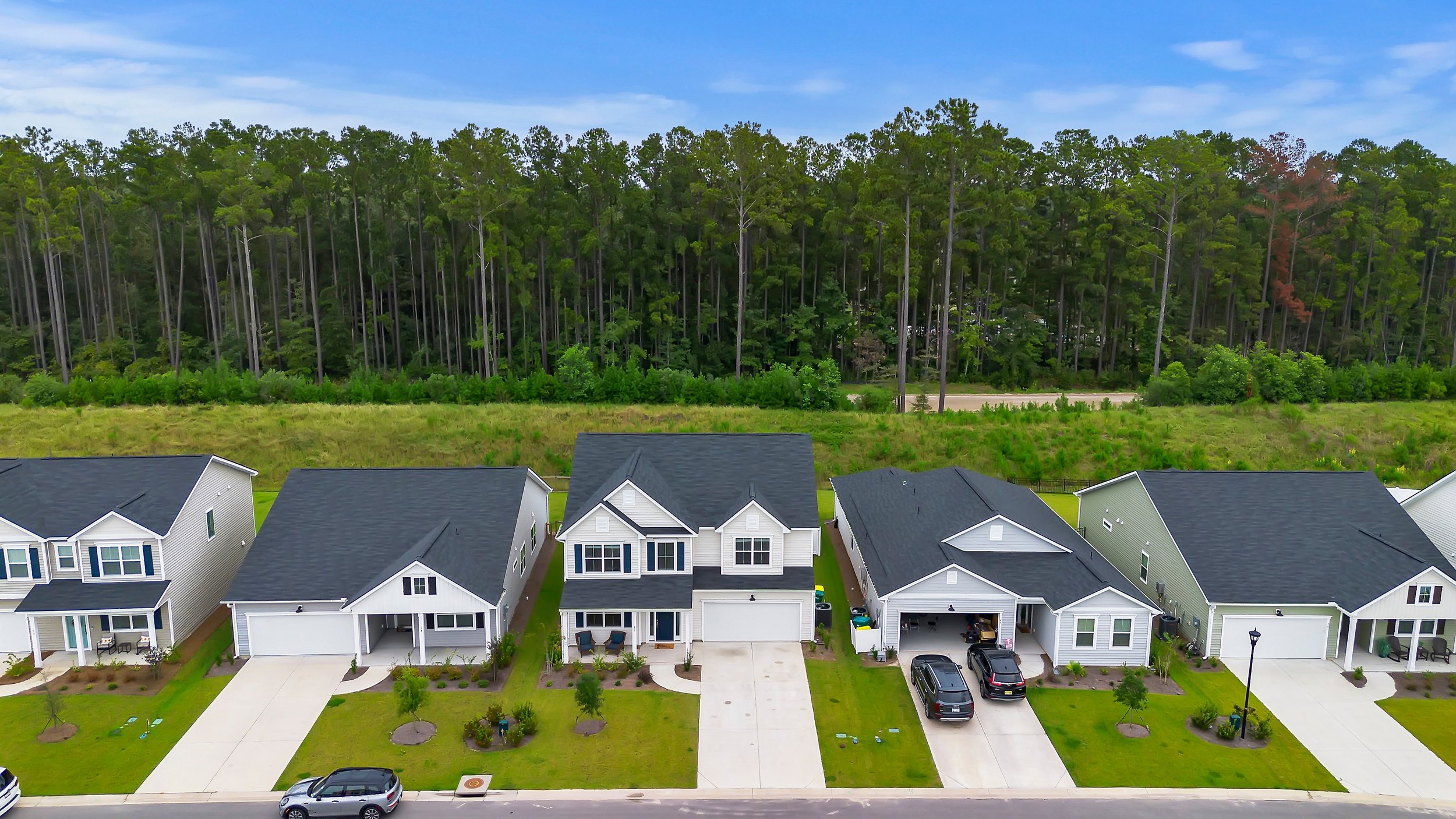 Aerial view of a suburban neighborhood with homes, driveways, and lawn areas, backed by a forested area with tall trees and a partly cloudy sky.