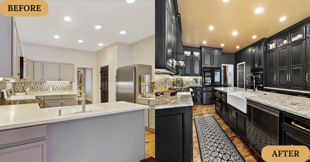 Before and after images of a kitchen renovation. The before image shows a white kitchen with white cabinets, a beige backsplash, and bright lighting. The after image displays a modern kitchen with black cabinets, granite countertops, gold hardware, and warm wooden flooring.