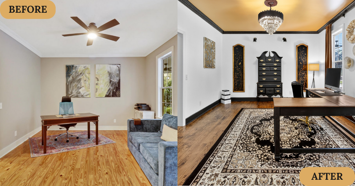 Comparison of an office before and after renovation: the 'before' shows a simple room with white walls, a ceiling fan, desk, blue chair, and a gray sofa; the 'after' features a transformed workspace with black and gold decor, a chandelier, wooden floor, patterned rug, and a stylish desk.