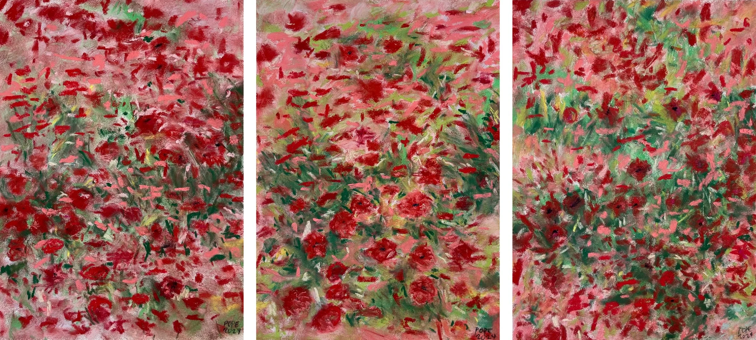 Florals Triptych, Pastel Board, 12x27 (Sold)