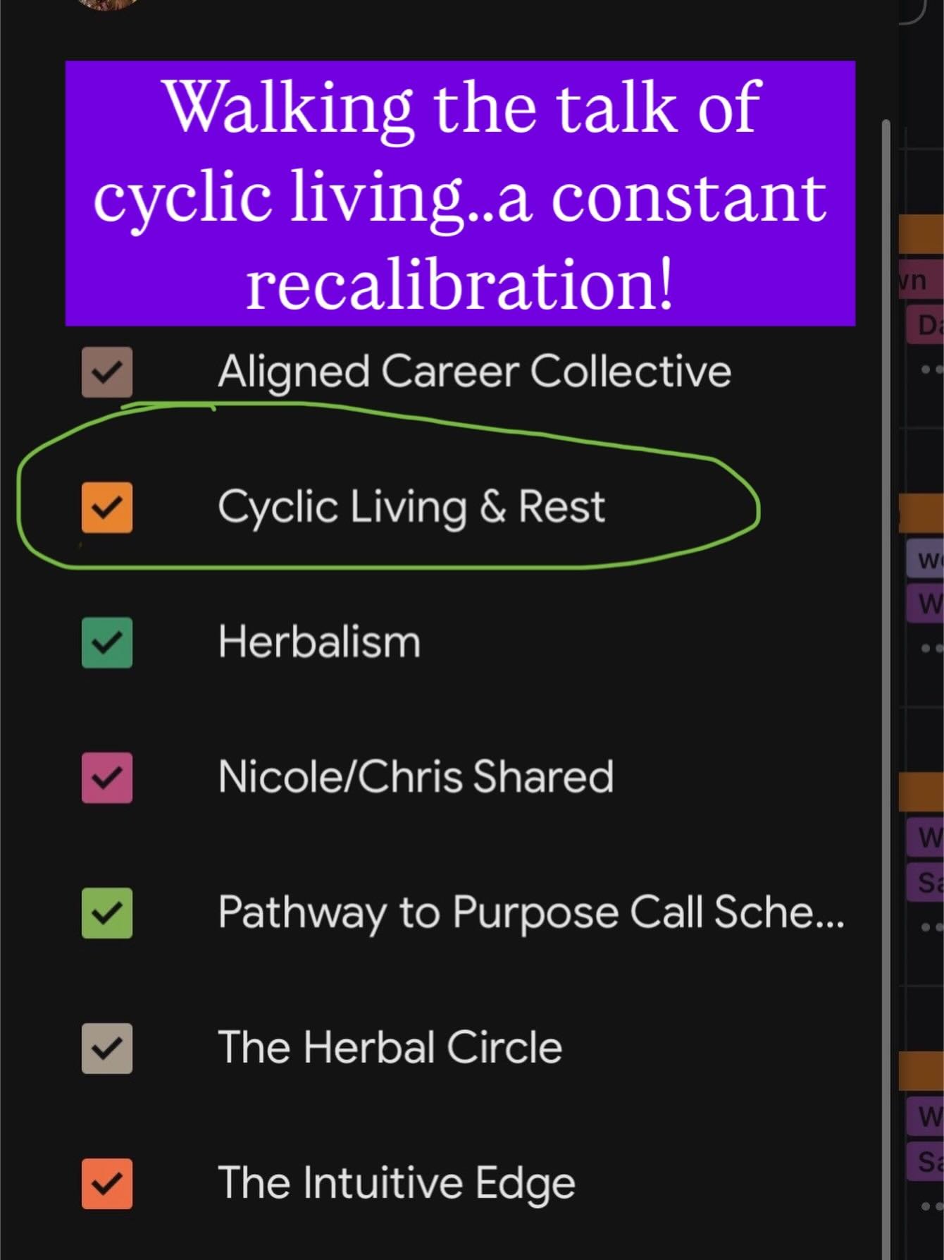 How you spend your time is how you spend your life

Part of cyclic living is noticing what&rsquo;s on your calendar and how it got there

No amount of nervous system regulation will overcome a life where there is no time for you, joy, play, or rest 
