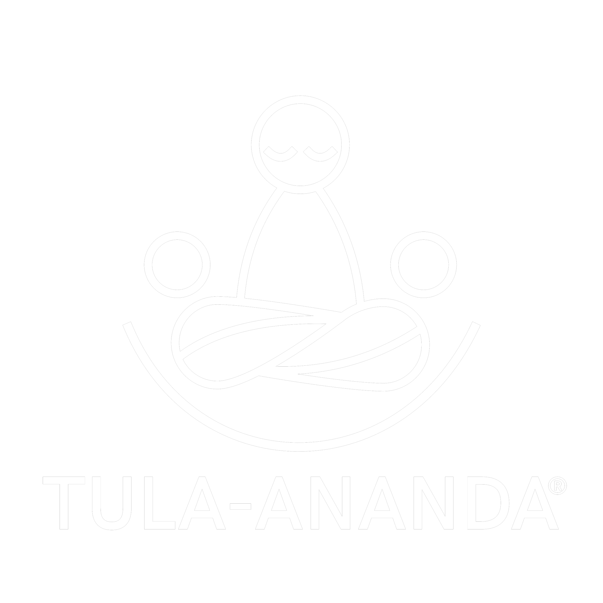 Minimalist logo with three abstract figures in a meditative pose above the words 'TULA-ANANDA' on a black background.