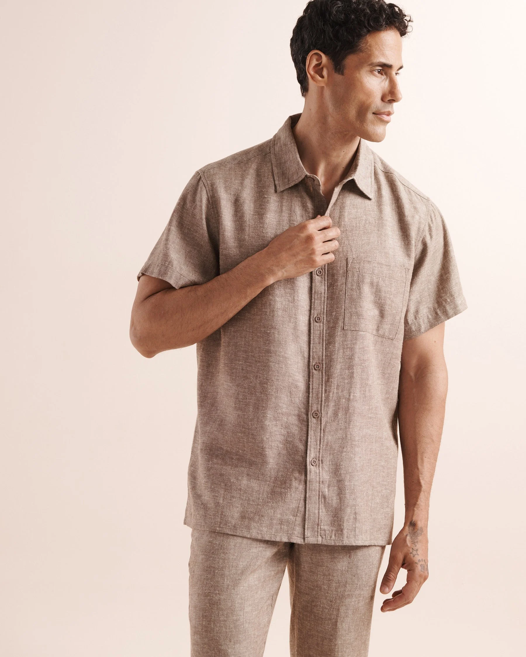 Linen Blend Short Sleeves Shirt - Beige