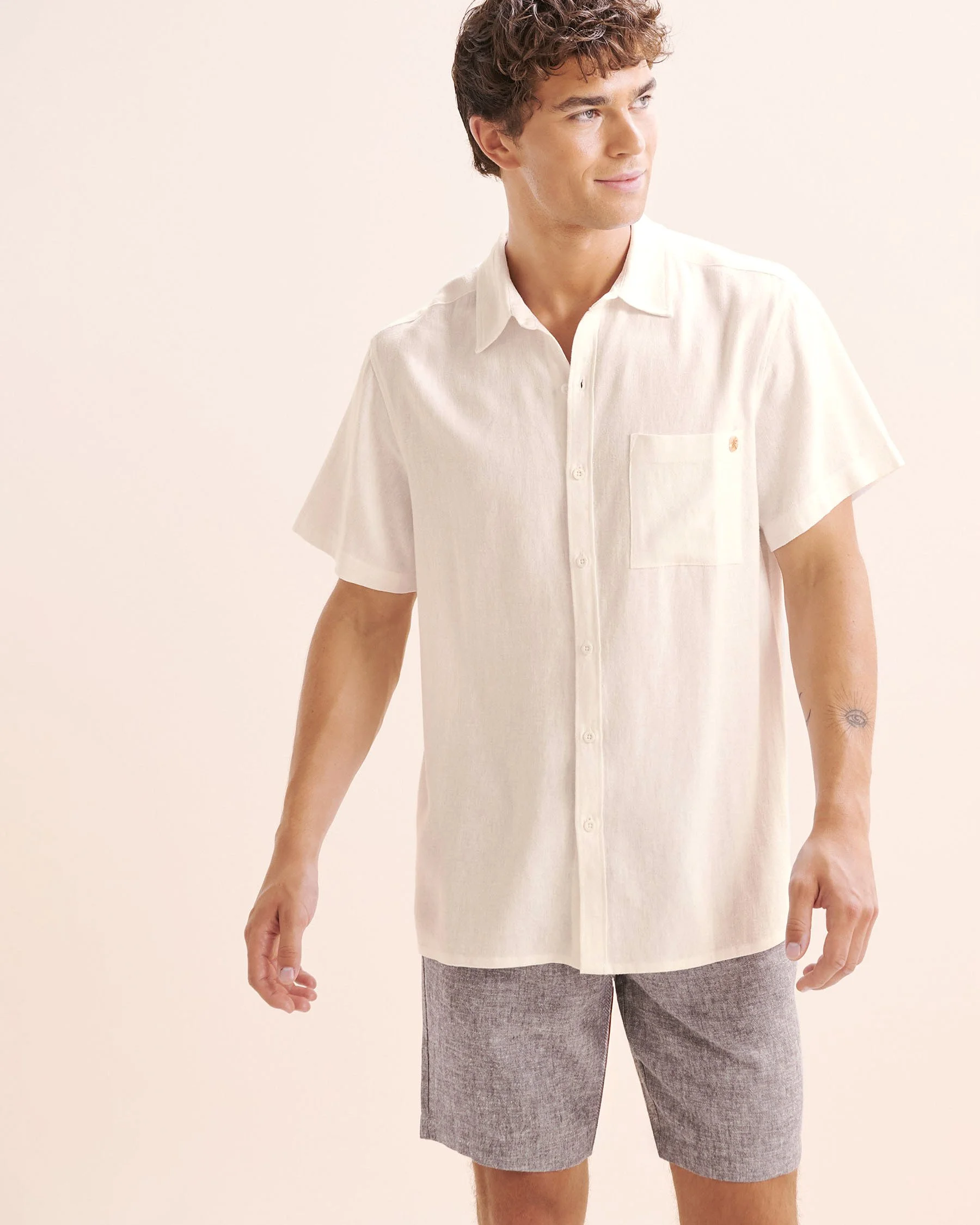 Linen Blend Short Sleeves Shirt - White