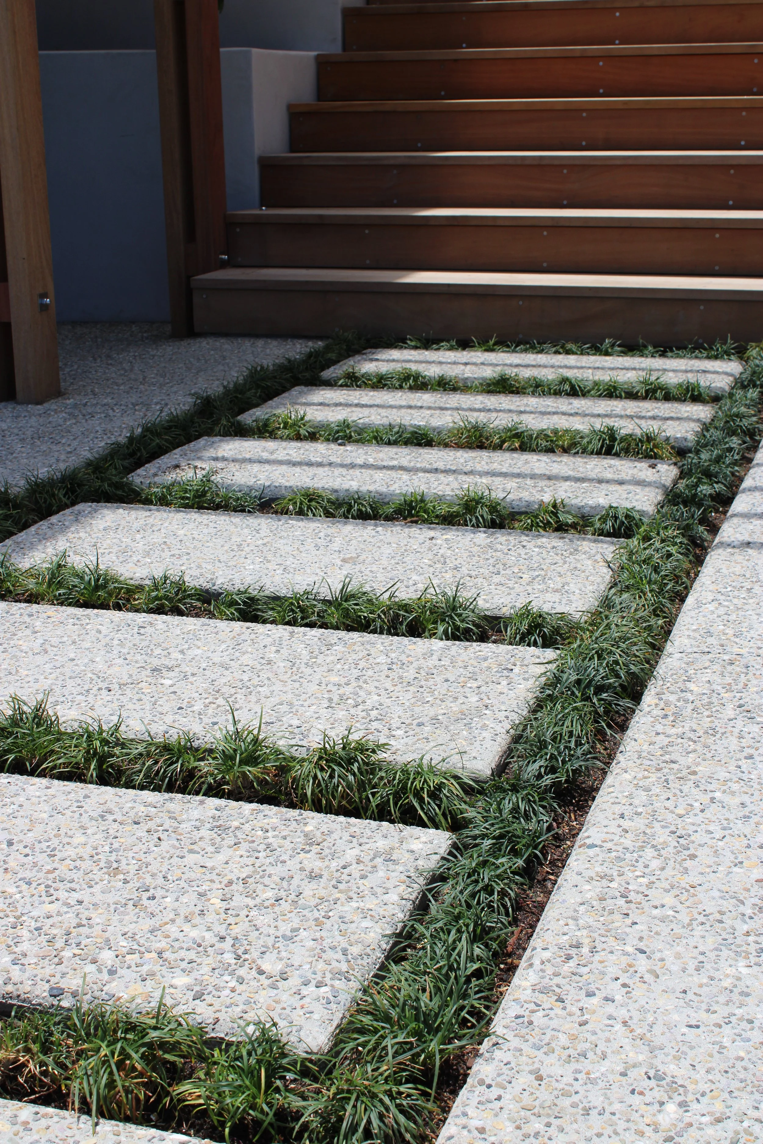 Concrete stepping stones with grass growing between them, leading up to a wooden staircase outside.
