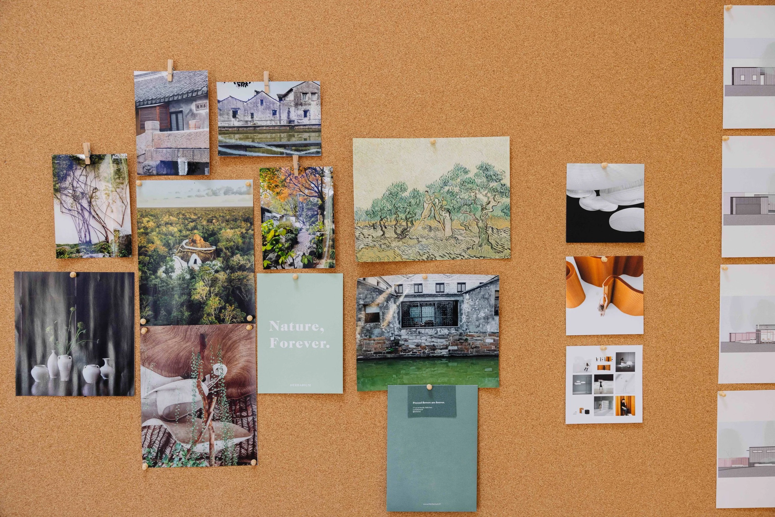 Photos and illustrations pinned on a corkboard, including landscape scenes, a painting of trees, and interior design images.