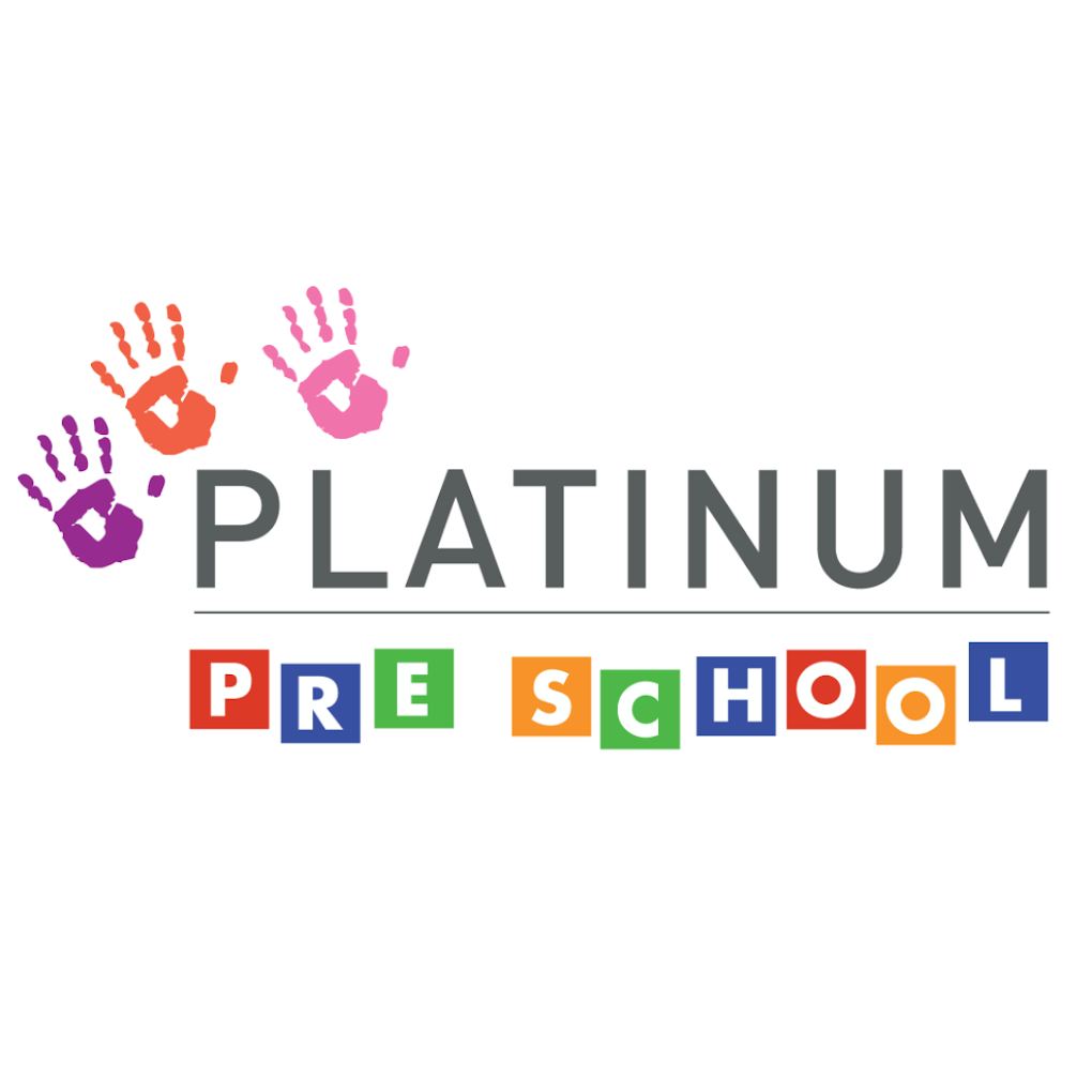 Colorful logo for Platinum Preschool featuring three handprints in purple, orange, and pink above the word 'PLATINUM' in gray, with the words 'PRE SCHOOL' spelled out in multicolored blocks below.
