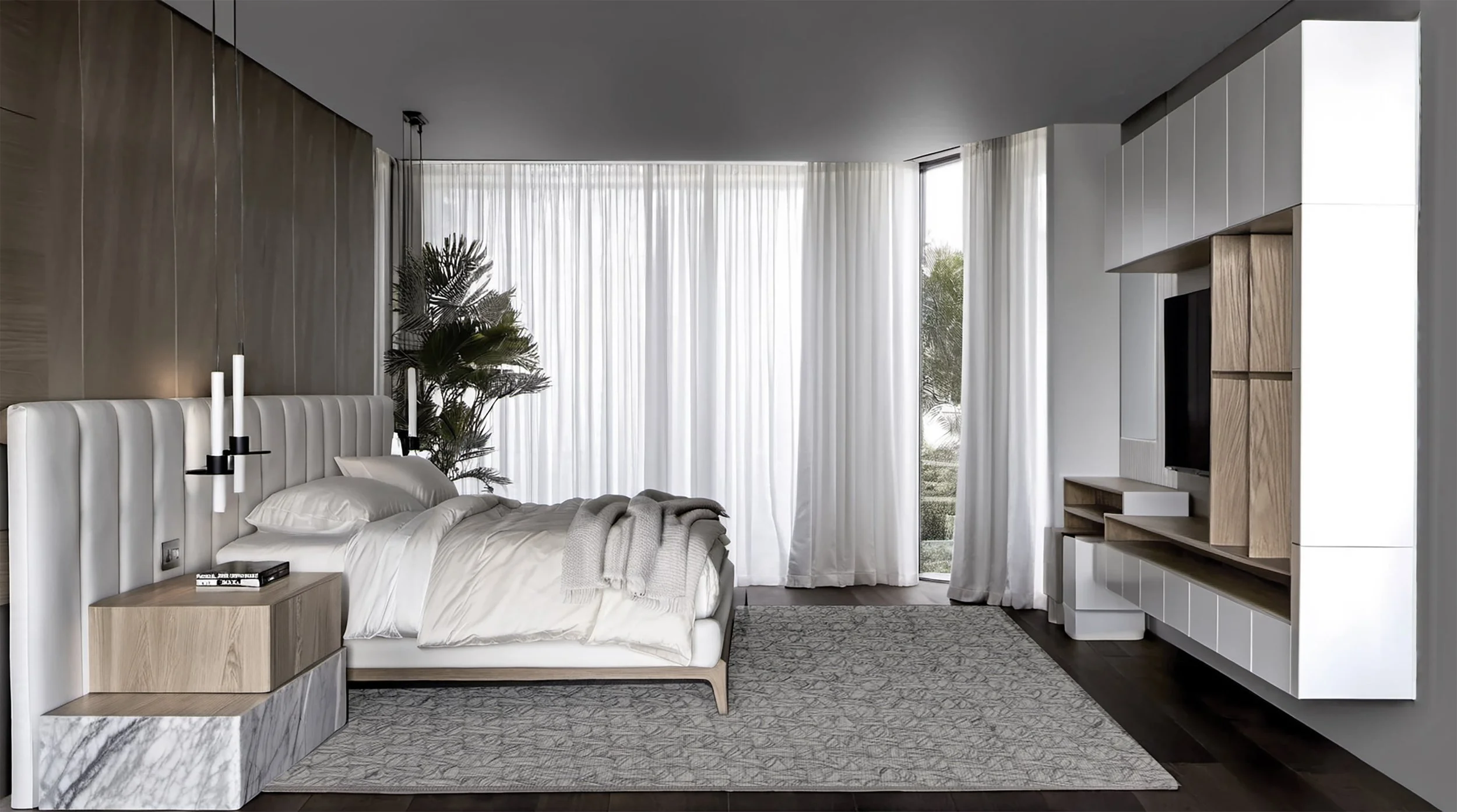Habitación moderna con cama blanca, cortinas blancas y una planta de interior junto a la ventana, suelo de madera y alfombra gris con patrón, muebles de madera y blanco.