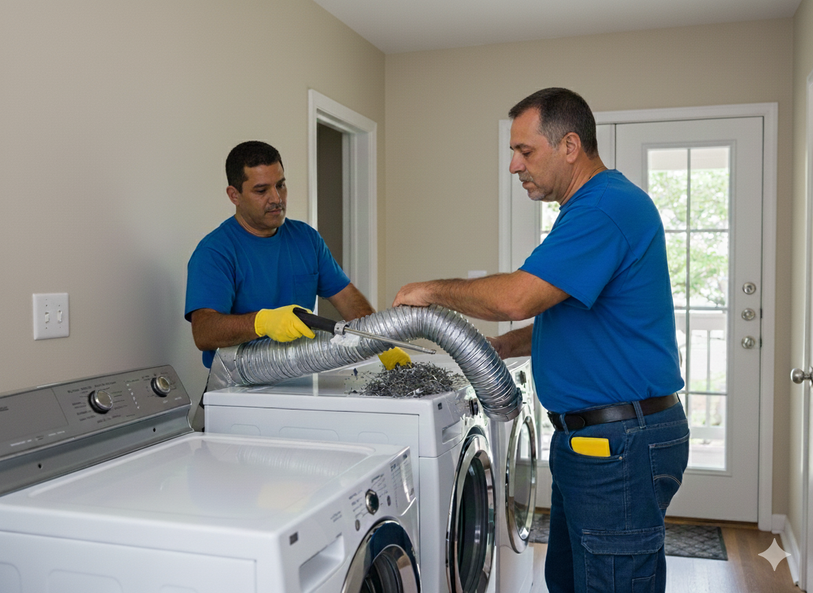 Two men working together to clean a dryer in a laundry room, one wearing yellow gloves and both wearing blue shirts.