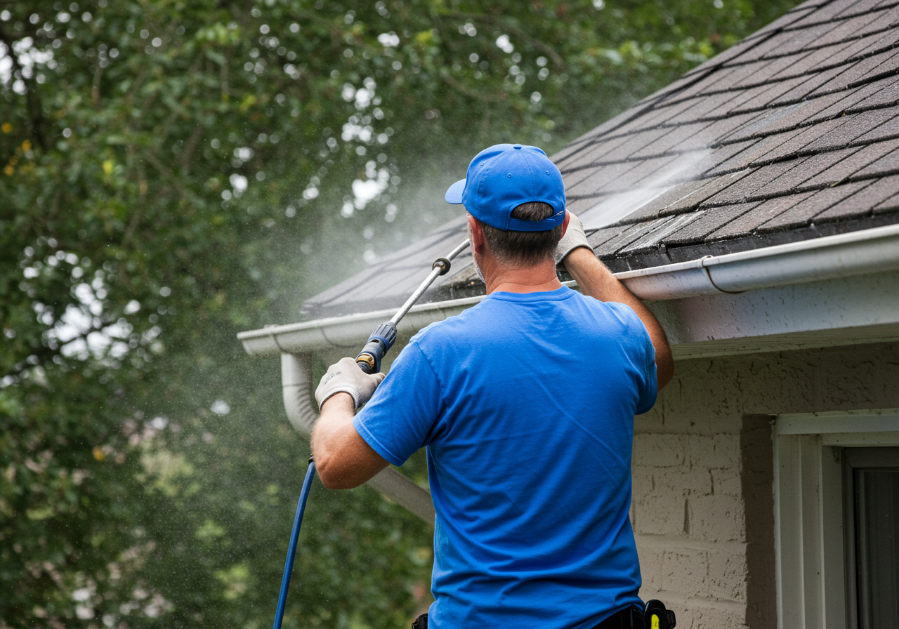 A man in a blue t-shirt and blue cap pressure washing the roof of a house.