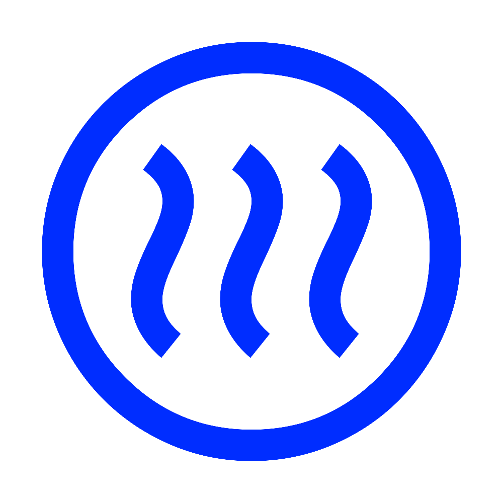 Blue heating or hot temperature icon with three wavy lines inside a circle on a black background.