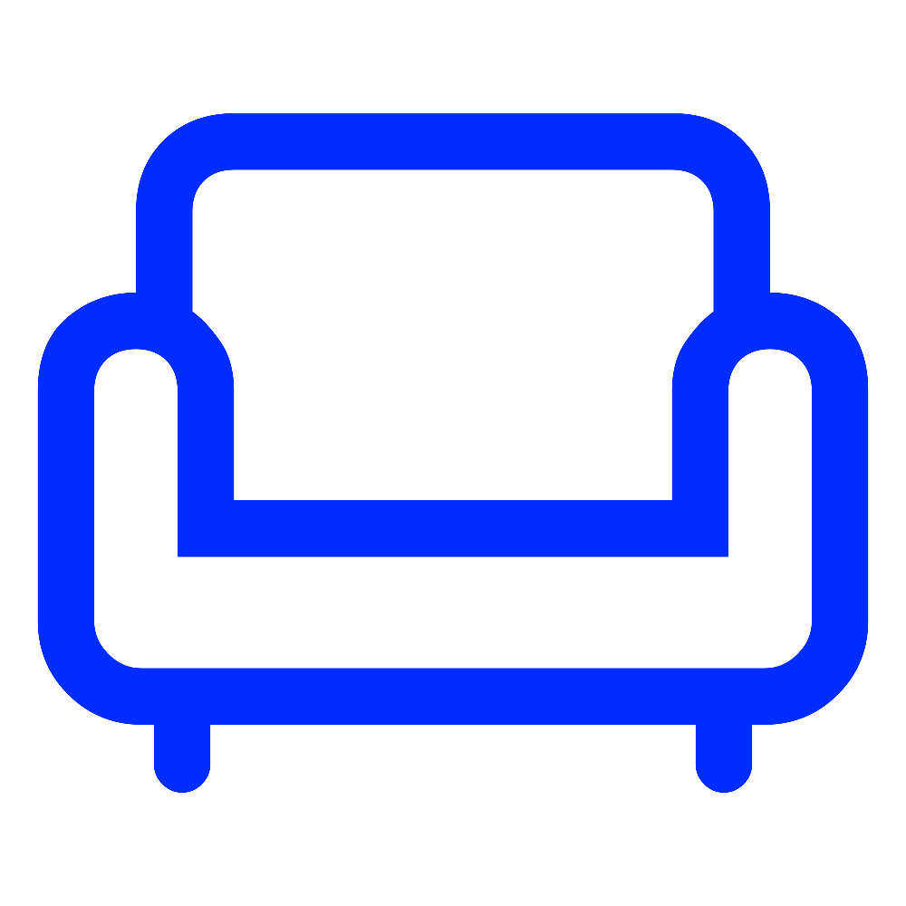 Icon of a blue sofa or armchair on a black background.