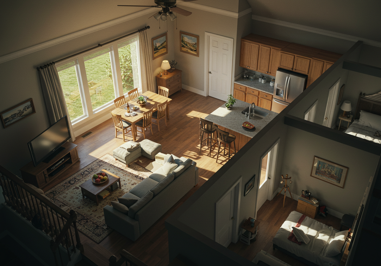 A cozy, sunlit open-plan living room and kitchen area with a dining table set for breakfast. The space includes a television, a sectional sofa with a coffee table, and a small bedroom accessed through a doorway.