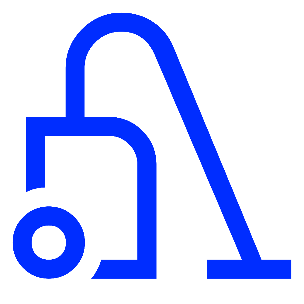 A blue outline illustration of a vacuum cleaner with a hose and a wheel.