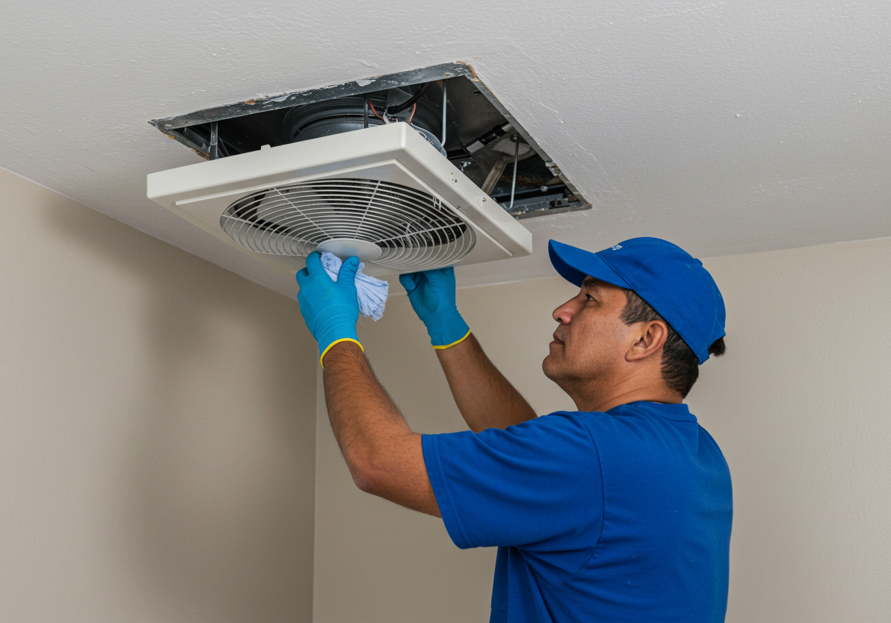 A technician wearing blue gloves and a blue cap installs a ceiling vent fan in a ceiling.