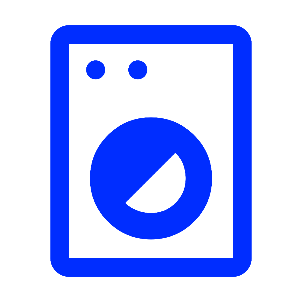 Icon of a washing machine with a blue outline and a blue circular control knob.