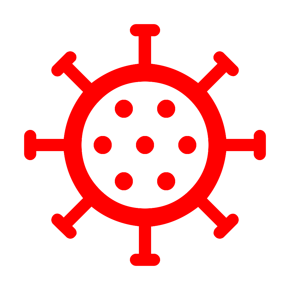 Illustration of a red virus or bacteria particle on a black background.