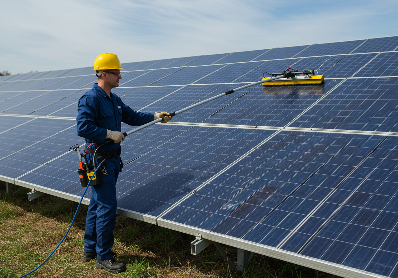 A worker in safety gear cleaning solar panels with a long-handled brush on a sunny day.