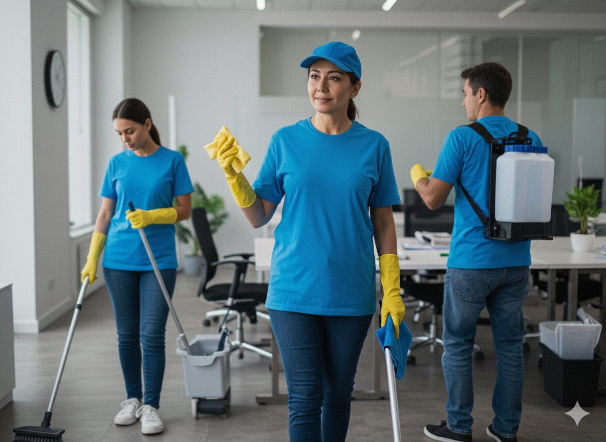 Three janitors in blue uniforms cleaning an office. The woman in the center is holding a yellow cloth and a blue cloth, wearing yellow gloves and a blue cap. The woman on the left is using a mop, and the man on the right is carrying a backpack-style disinfectant sprayer and wearing gloves.