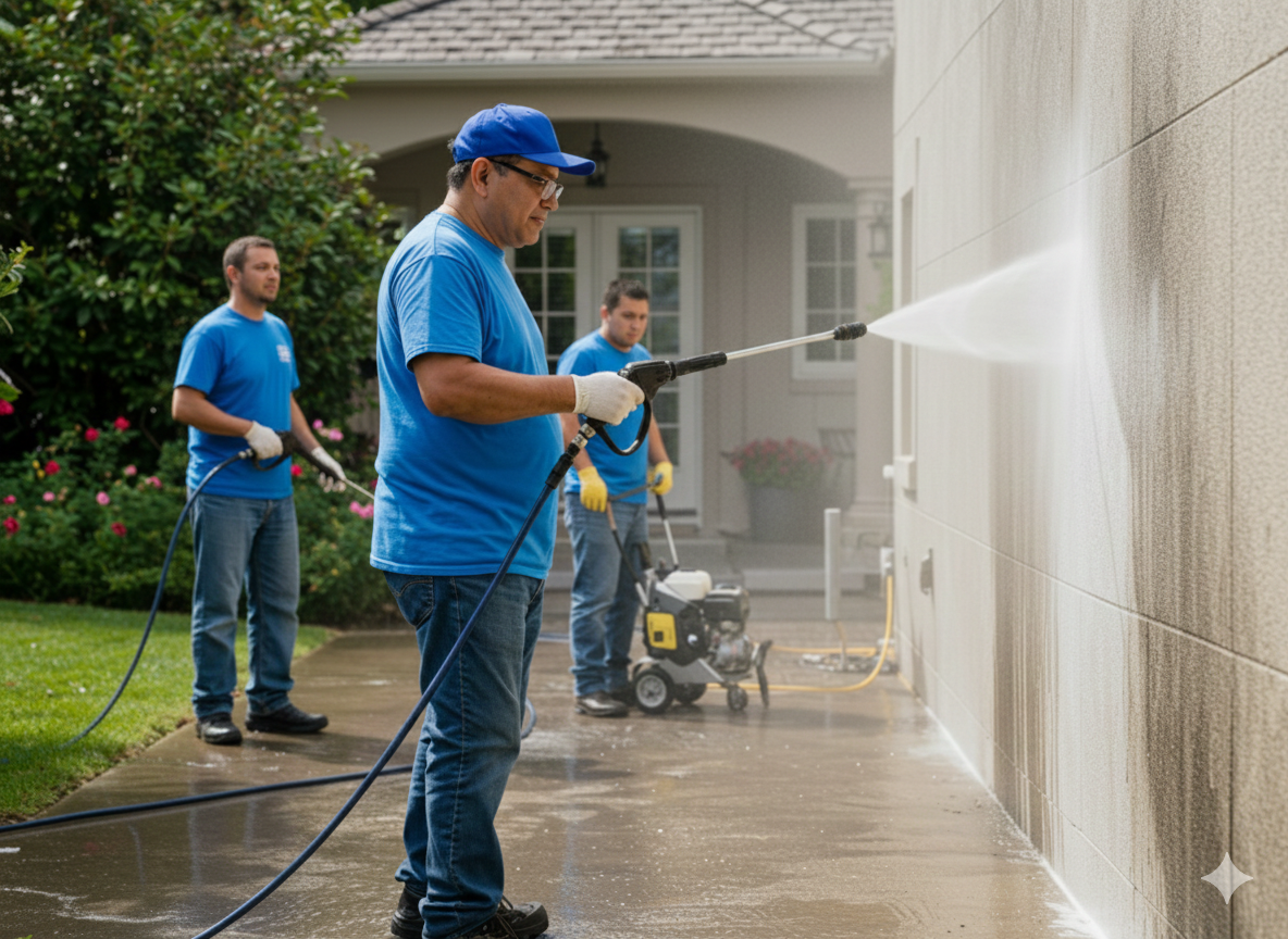Three men in blue shirts power washing the exterior wall of a house in a backyard, with one man in the foreground actively spraying water on the wall.