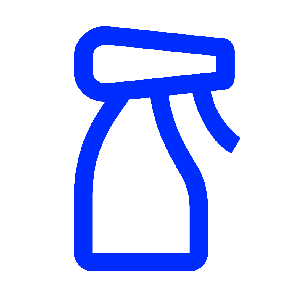 Blue outline of a spray bottle with a nozzle and a tied ribbon.