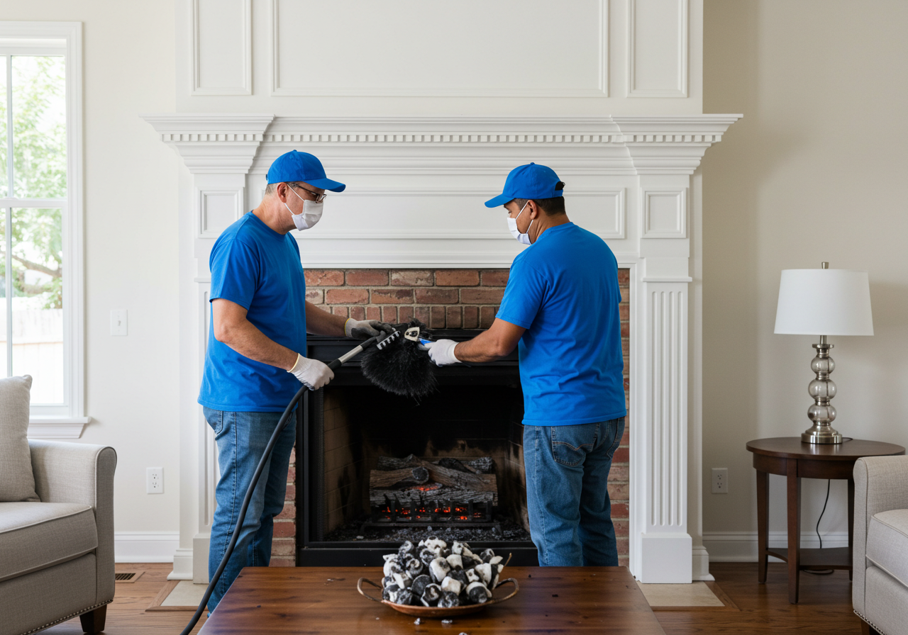Two men cleaning a fireplace with a vacuum cleaner, wearing blue shirts, caps, masks, and gloves in a living room with a brick and white mantel, a side table with a lamp, and a beige sofa.