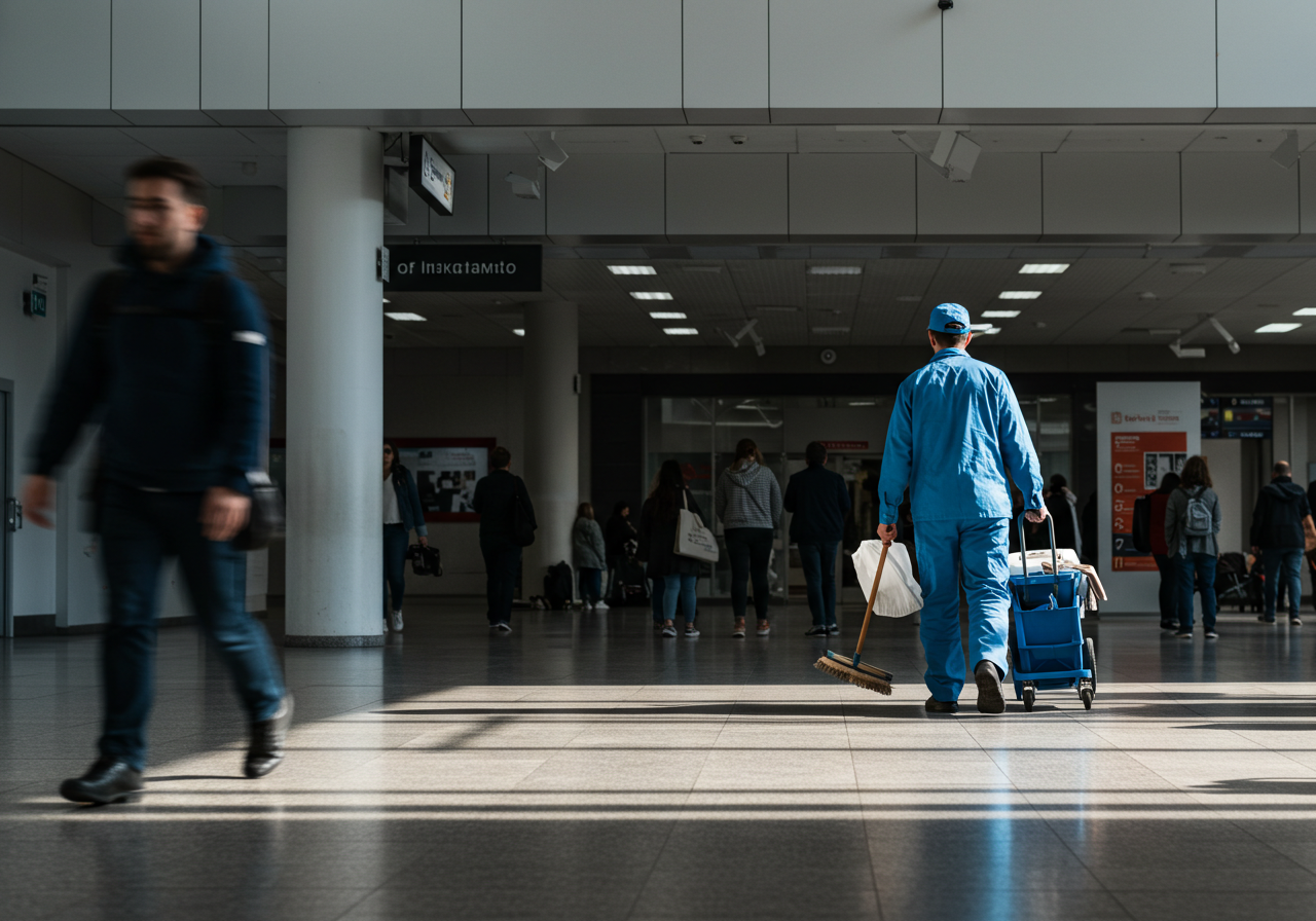 A janitor in blue uniform sweeping the floor at an airport terminal with travelers in the background.