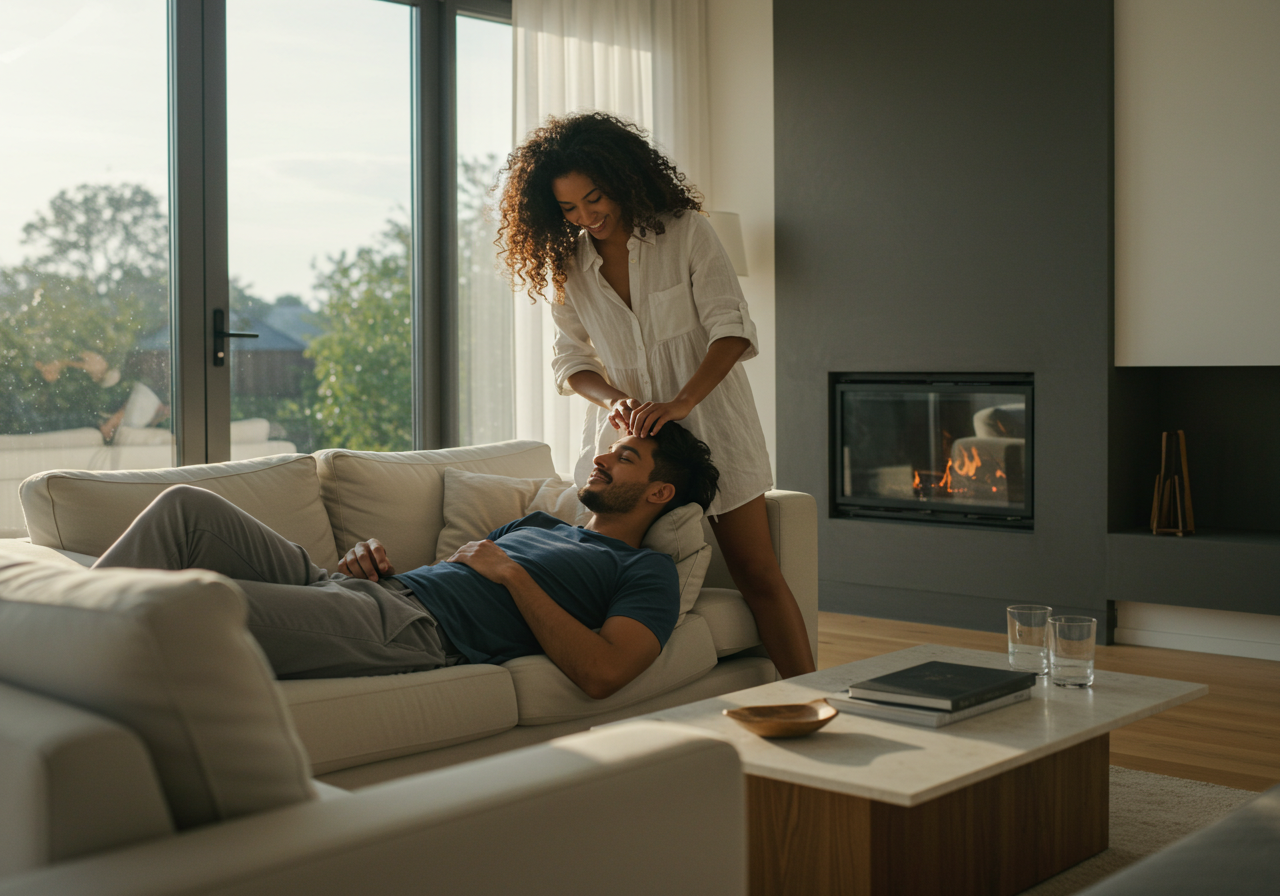 A woman is giving a head massage to a man who is lying on a cream-colored sofa in a modern living room with a fireplace and large sliding glass doors.