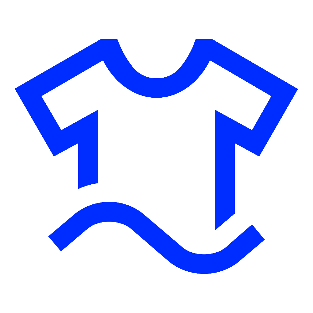Outline of a T-shirt in blue with a curved line underneath, representing a stylized T-shirt icon.