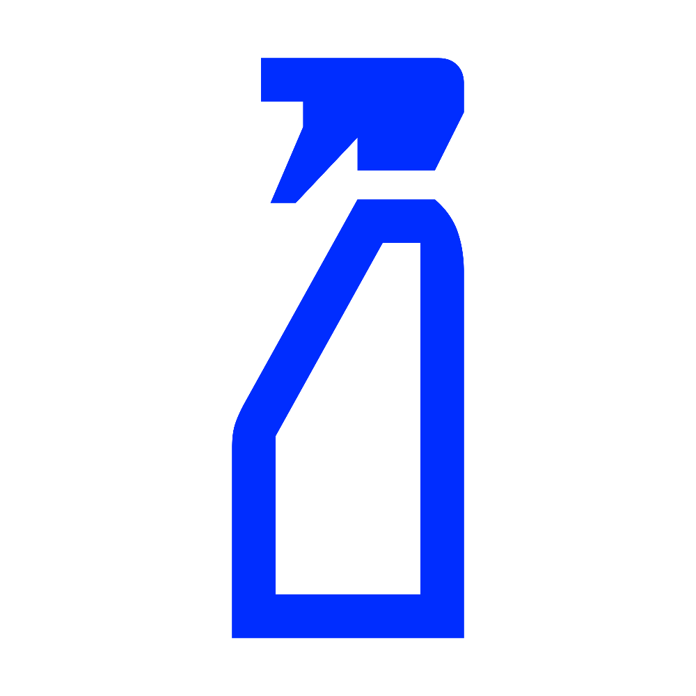 A blue outline of a spray bottle with a trigger spray nozzle on a black background.