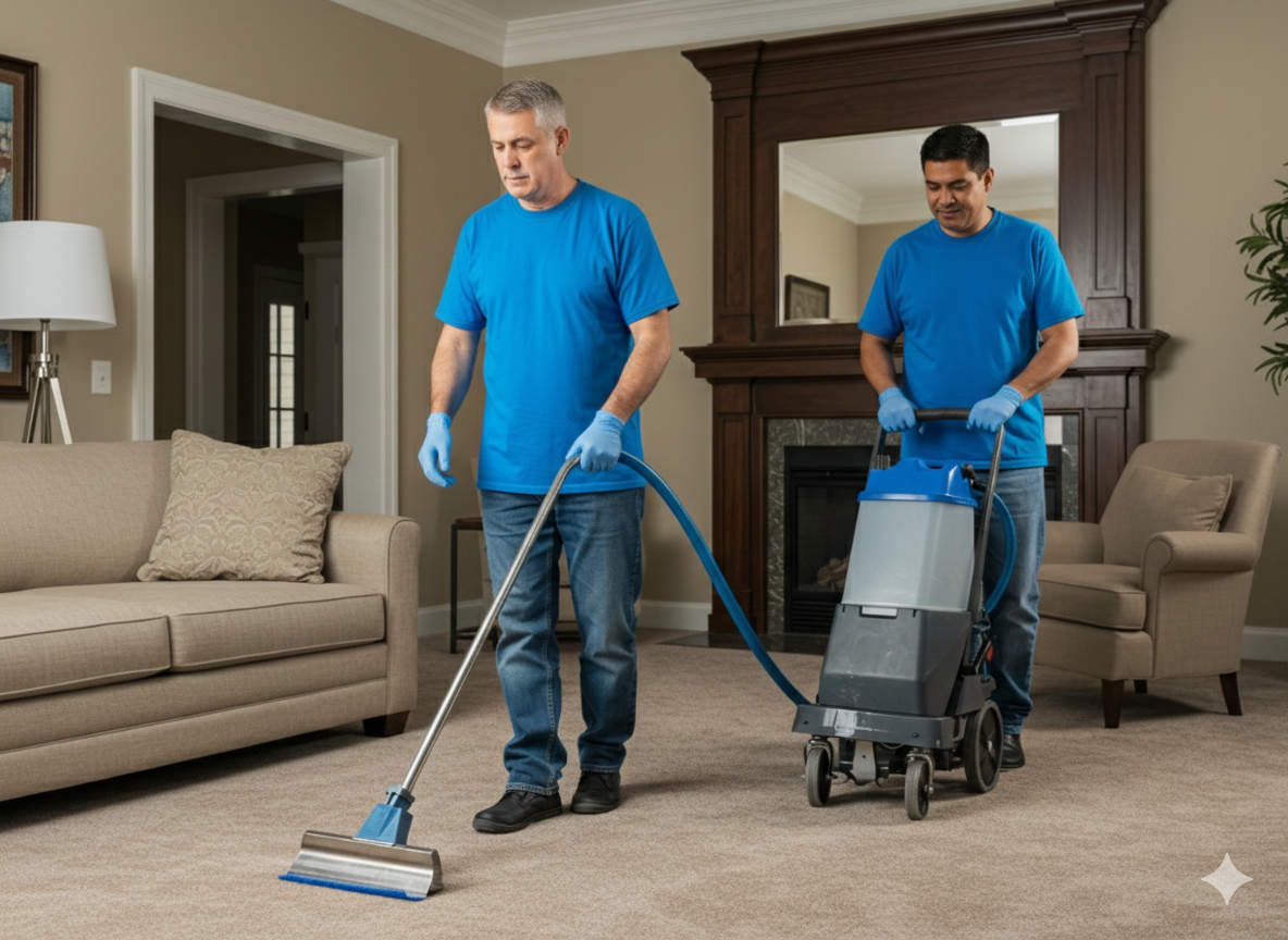 Two men in blue shirts and gloves vacuuming carpet in a living room with beige furniture and a fireplace.