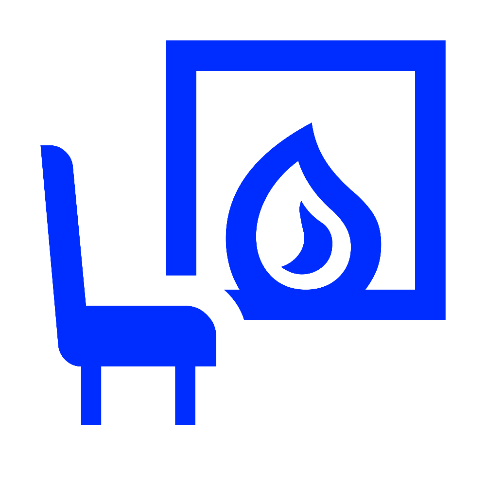 Blue icon of a fireplace with a chair.
