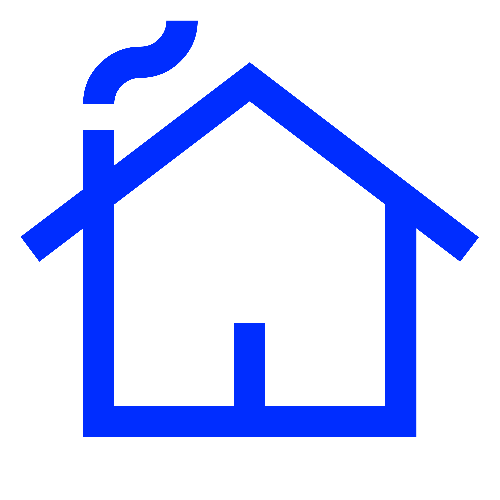 Blue outline of a house with a chimney emitting smoke, set against a black background.