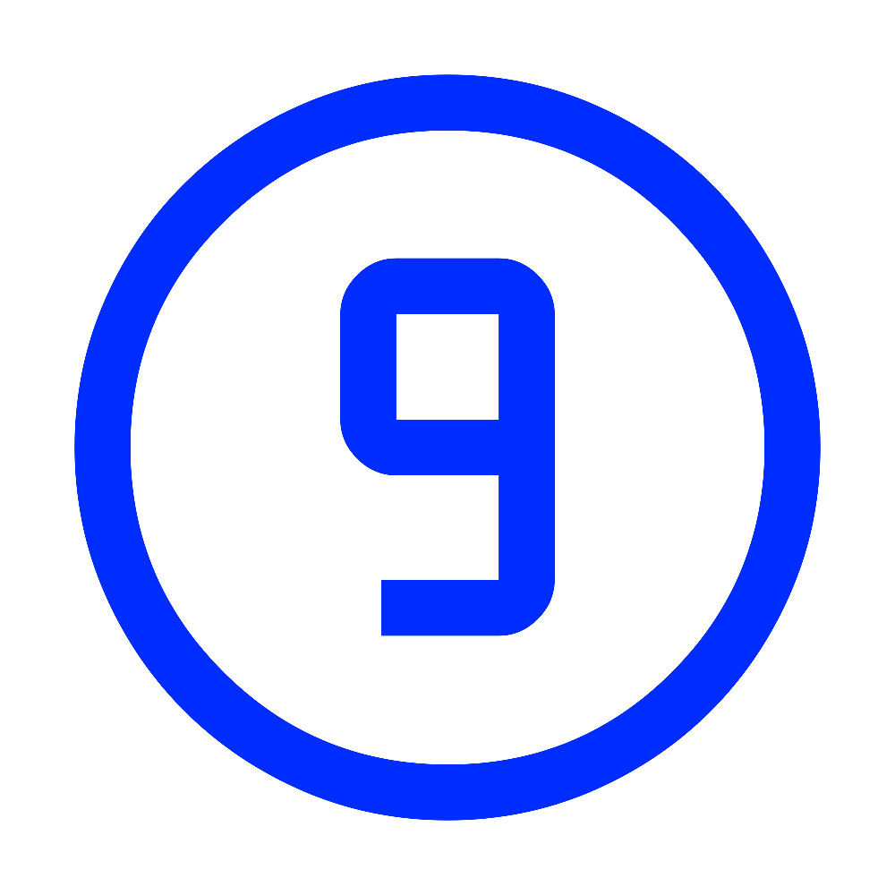 A digital scoreboard showing the number nine in blue against a black background, enclosed in a blue circle.