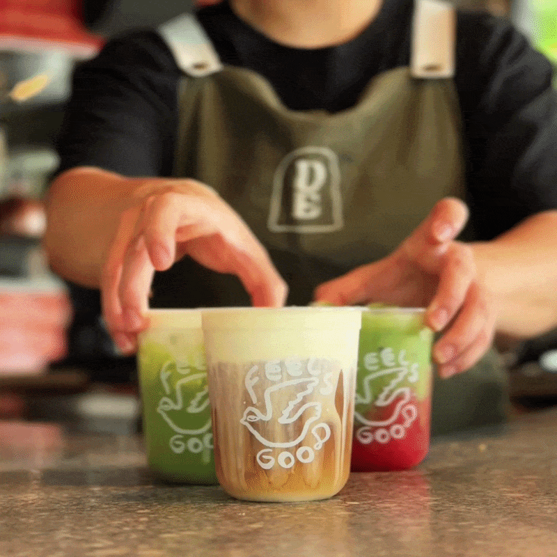 it is a gif about 3 different drinks, 2 matcha latte with signature foam and cold brew iced coffee