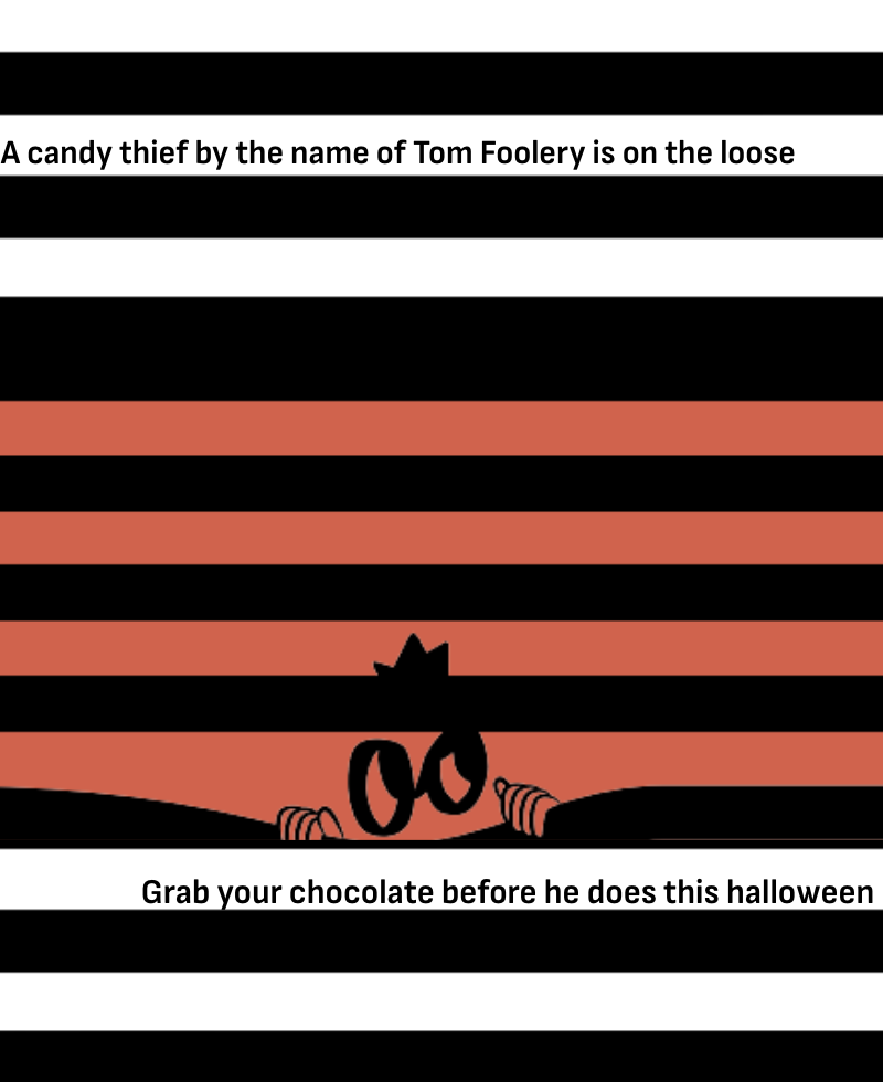 Halloween-themed striped background with black and orange colors, featuring a cartoon-like outline of a candy thief peeking over a surface, and humorous text related to Halloween candy theft.