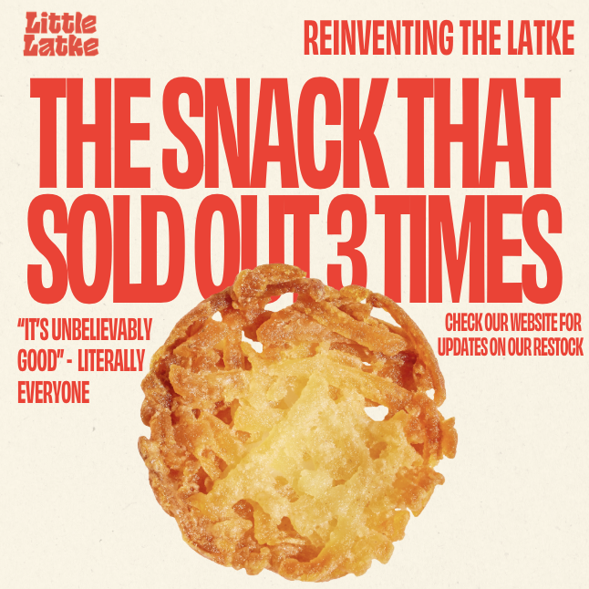 A promotional poster with red text advertising a snack that sold out three times, featuring an image of a fried snack item resembling a crispy, round, golden-brown snack with a light interior.