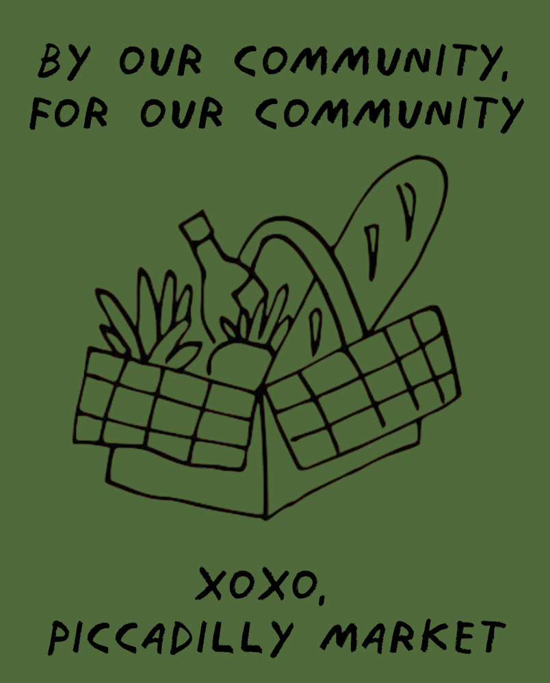Illustration of a grocery basket filled with vegetables and a bottle, with the text 'By our community. For our community' at the top and 'Xoxo, Piccadilly Market' at the bottom, all on a green background.