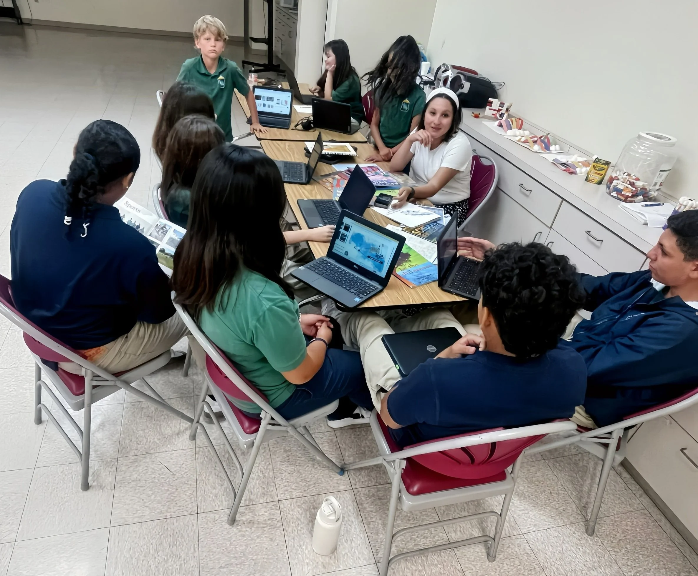 8th grade students working on school yearbook project