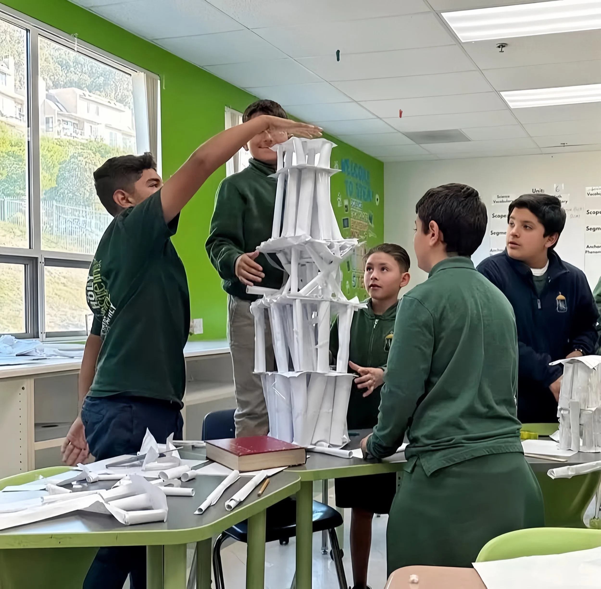 Students building a tower.