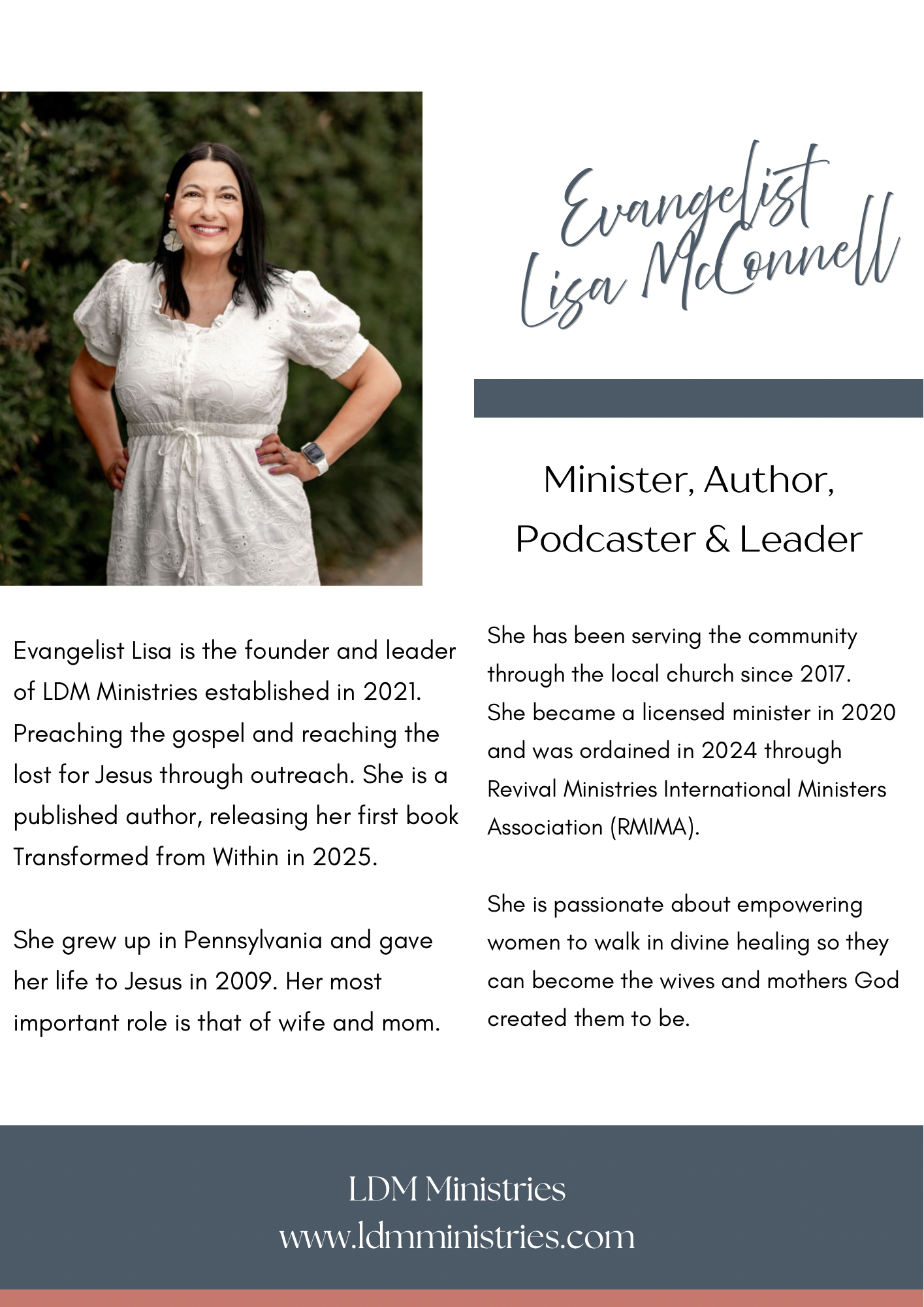 Promotional flyer with a portrait of Evangelist Lisa McConnell on the left, smiling and standing outdoors in front of greenery, and text on the right describing her background, ministry work, and contact information. The flyer features a white background with dark gray and blue accents.