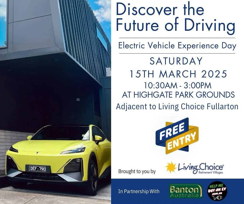 Alright, Adelaide crew! This weekend brings our first live EV Experience Day in Fullarton. We are going to have 17 brands on site, over 30 EVs, food, panels, and just everything EV. See you at Highgate Park Grounds, 103 Fisher Street, Fullarton, from